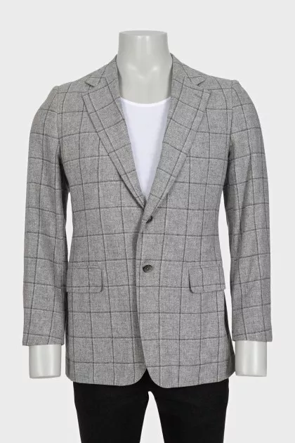 Men's gray single-breasted blazer with a checkered print