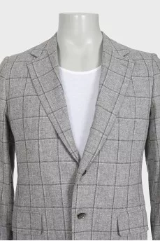 Men's gray single-breasted blazer with a checkered print