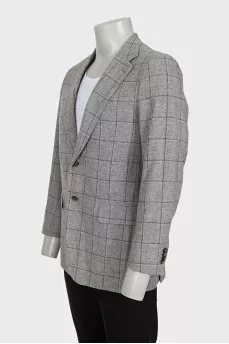 Men's gray single-breasted blazer with a checkered print