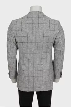 Men's gray single-breasted blazer with a checkered print