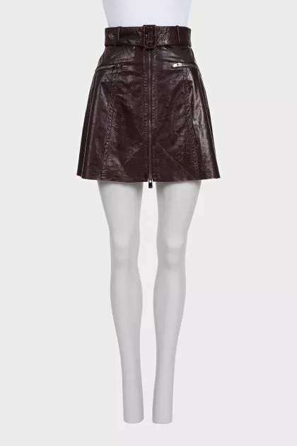 Burgundy leather skirt with belt and tag