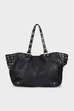 Black leather shopper decorated with eyelets