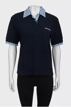 Blue polo shirt with a checkered print collar