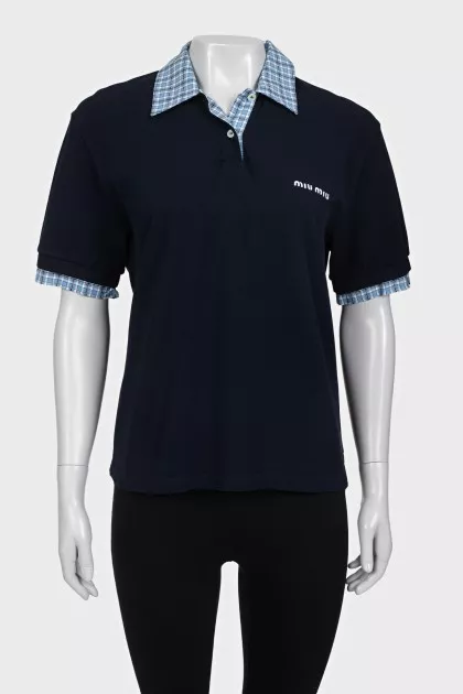 Blue polo shirt with a checkered print collar