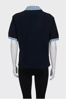 Blue polo shirt with a checkered print collar