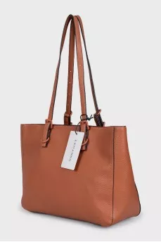 Brown leather tote bag with tag