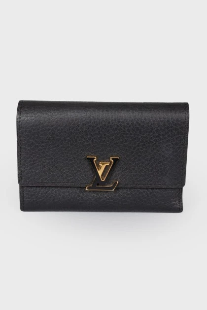 Black leather metal brand logo wallet