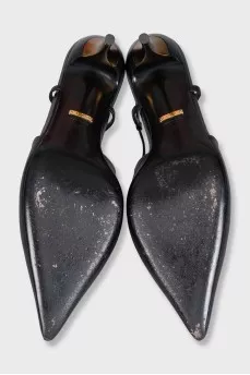 Кожаные слингбэки на золотистом каблуке 