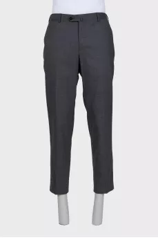 Men's gray wool trousers with a zipper and buttons