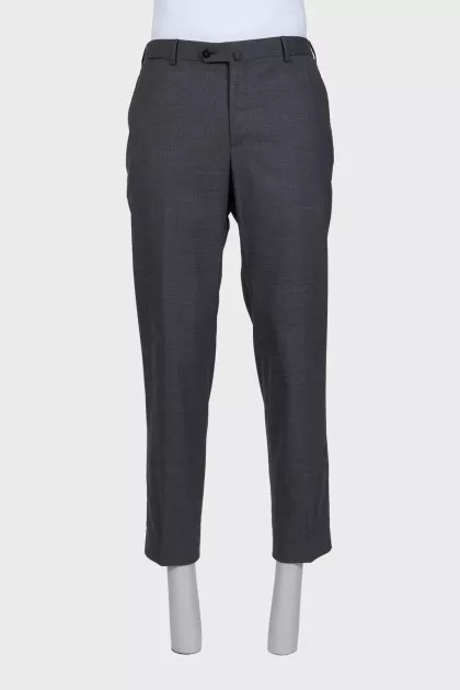 Men's gray wool trousers with a zipper and buttons