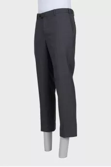 Men's gray wool trousers with a zipper and buttons