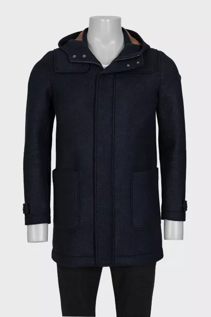 Men's blue zippered coat with a hood