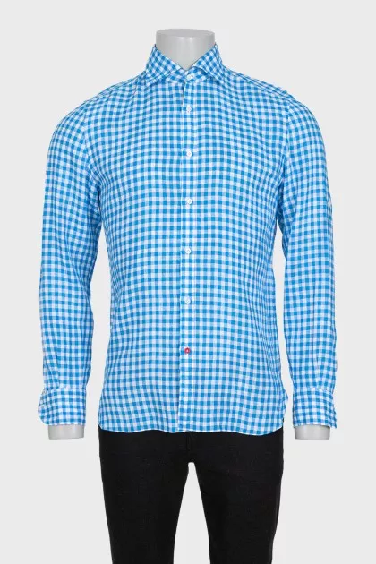 Men's blue checkered linen shirt