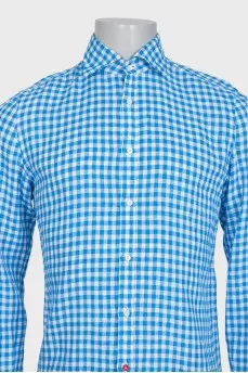 Men's blue checkered linen shirt