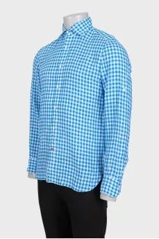 Men's blue checkered linen shirt