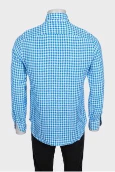 Men's blue checkered linen shirt