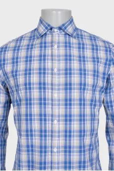 Men's light blue straight-leg shirt with a plaid print