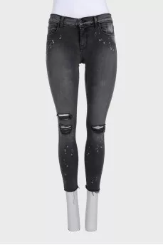 Рваные джинсы skinny fit серого цвета в принт