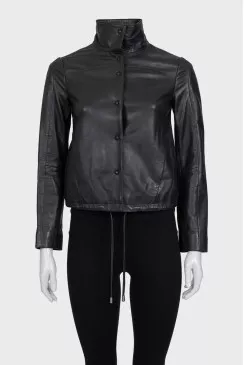 Black leather cropped jacket with drawstring