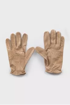 Beige leather gloves with perforations