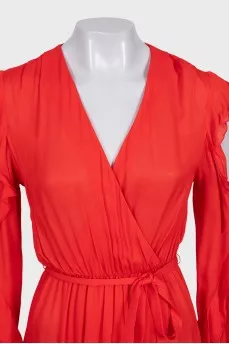 Red wrap maxi dress with ruffles