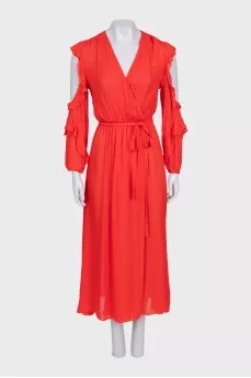 Red wrap maxi dress with ruffles