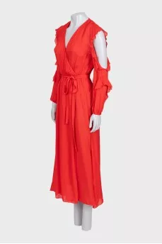 Red wrap maxi dress with ruffles