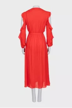 Red wrap maxi dress with ruffles