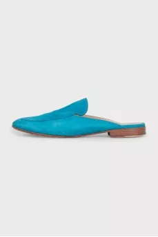Light blue suede mules with low heels