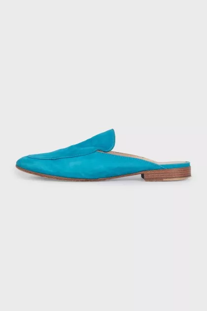 Light blue suede mules with low heels