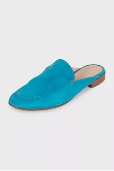 Light blue suede mules with low heels