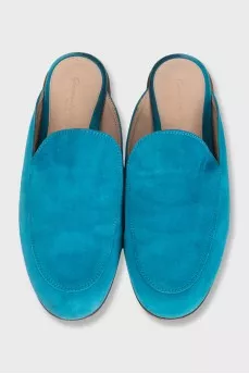 Light blue suede mules with low heels