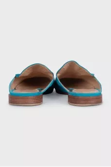Light blue suede mules with low heels