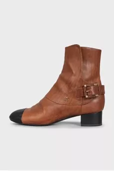 Brown leather ankle boots with black toe