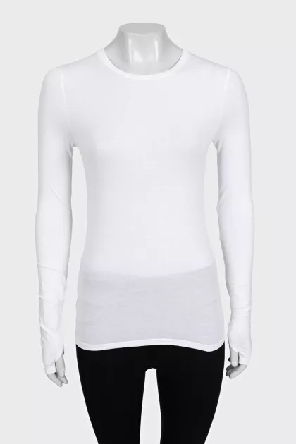 White long sleeve top with thumb holes