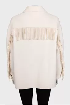 Short wool coat decorated with fringe