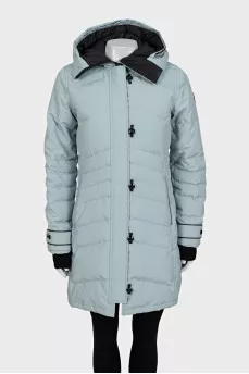 Blue parka with a hood