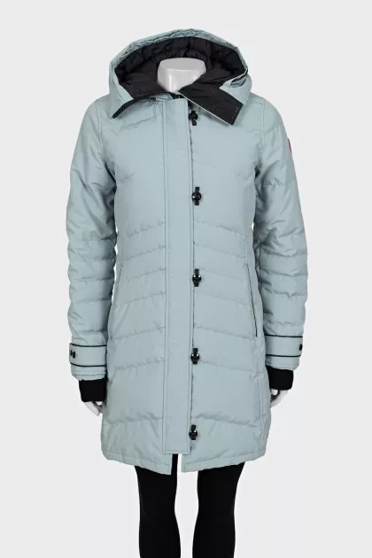 Blue parka with a hood