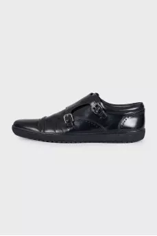 Men's black leather buckle shoes