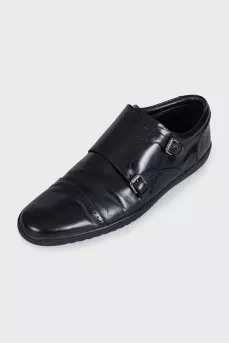 Men's black leather buckle shoes