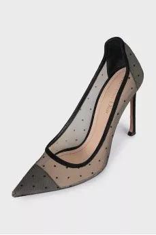 Black mesh shoes with suede heels