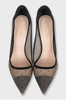 Black mesh shoes with suede heels