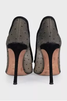 Black mesh shoes with suede heels
