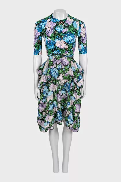 Fitted dress with floral print and drawstring