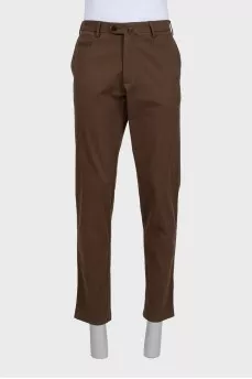 Men's brown straight-leg trousers with a zipper and buttons