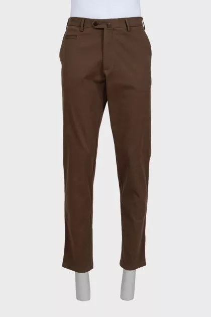 Men's brown straight-leg trousers with a zipper and buttons
