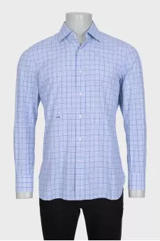 Men's blue and navy checkered long sleeve shirt