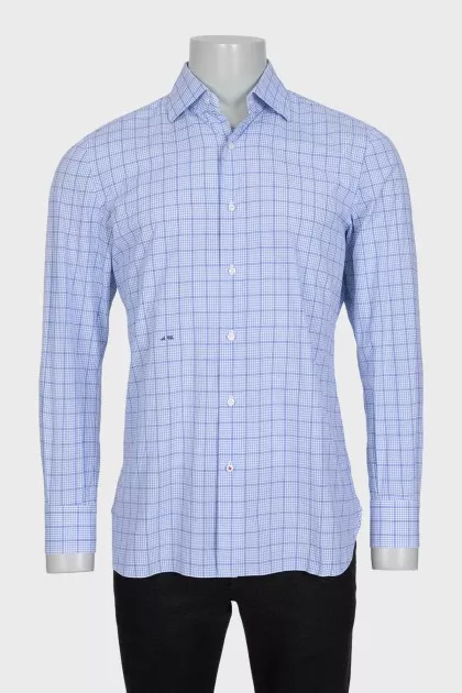 Men's blue and navy checkered long sleeve shirt