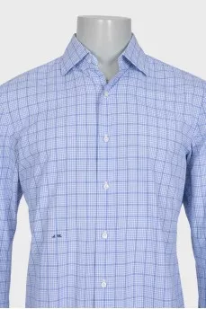 Men's blue and navy checkered long sleeve shirt