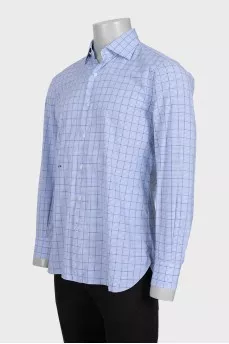 Men's blue and navy checkered long sleeve shirt